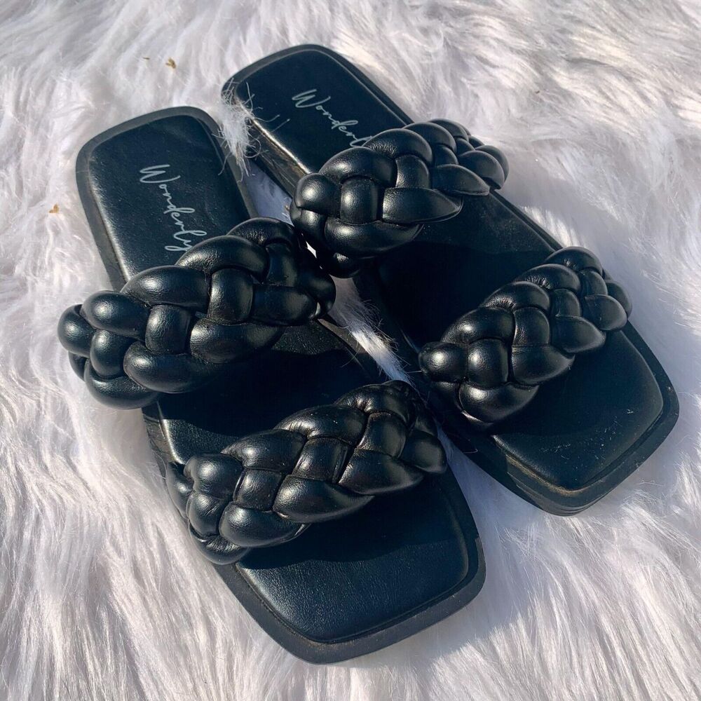 Wonderly Gayle Women's Double Strap Braided Slide Sandals - Size 7 - Black Faux